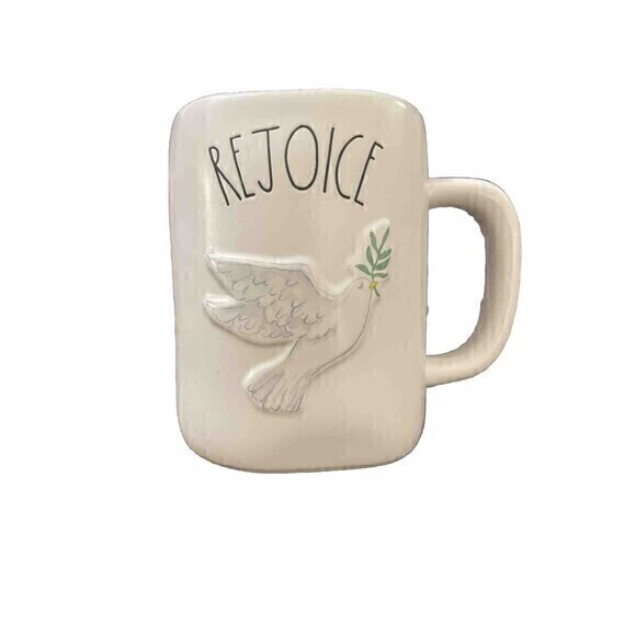 Rae Dunn Artisan Collection By Magenta Coffee Tea Mug White Teal “Rejoice” - Picture 1 of 6